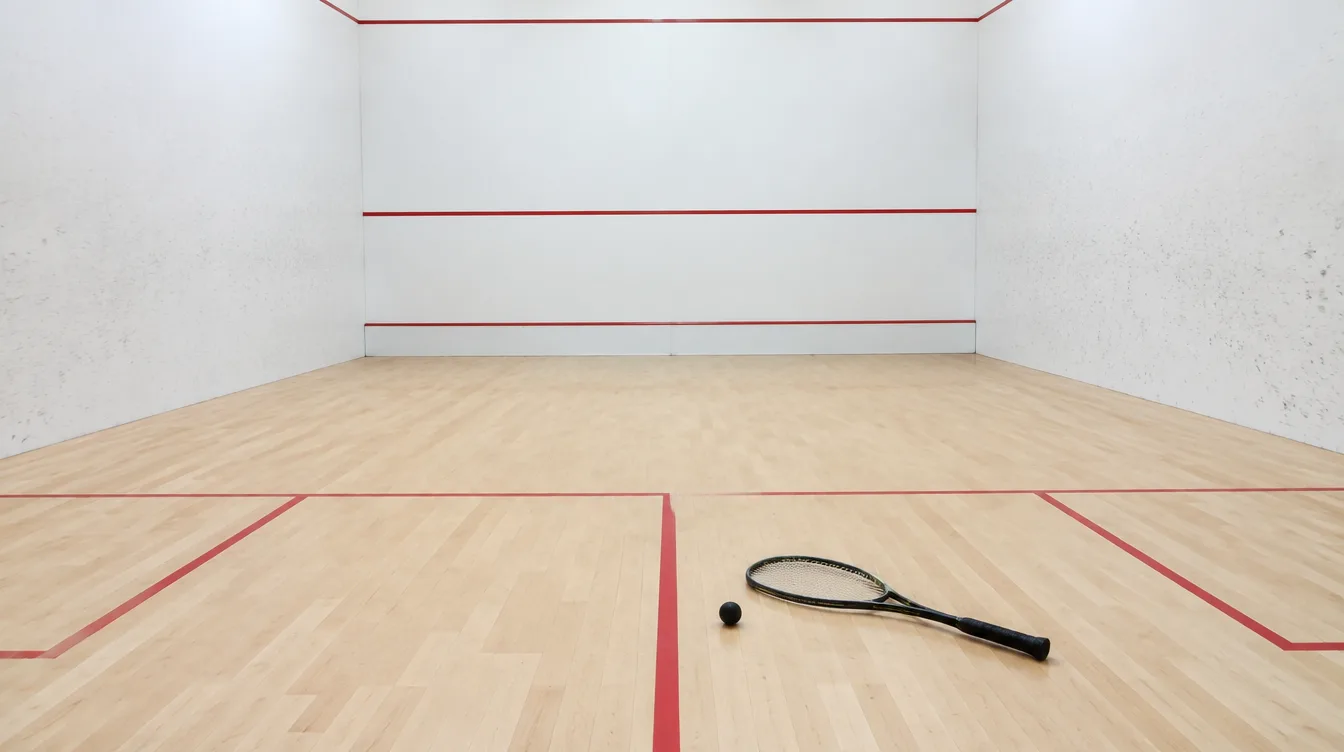 A squash racquet and ball on the wooden floor of an empty squash court